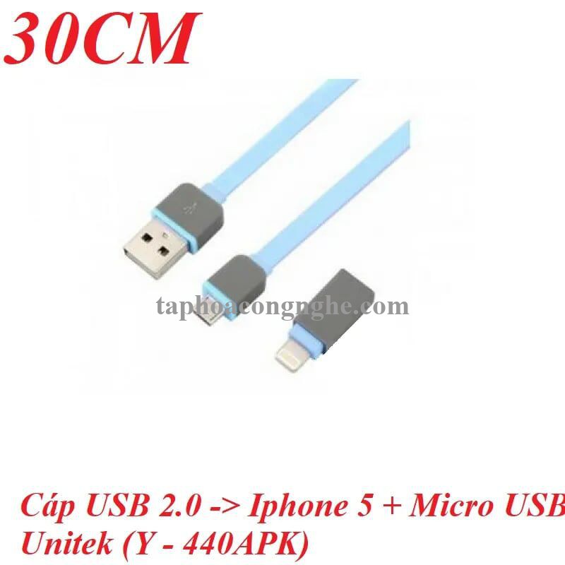 Unitek 98477 Y-440APK 30CM Màu Xanh Dây dẹp Cáp sạc + truyền dữ liệu Usb 2.0 sang Lightning + Micro Usb 30098477